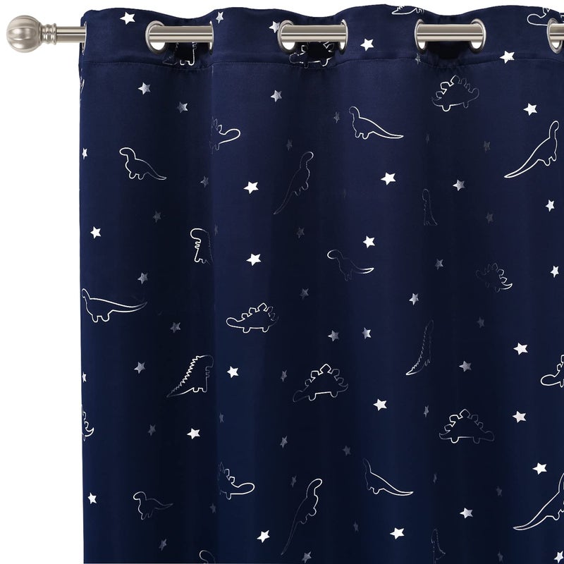 LORDTEX Dinosaur and Star Foil Print Blackout Curtains for Kids Room - Thermal Insulated Curtains Noise Reducing Window Drapes for Boys and Girls Bedroom, 52 x 63 Inch, Navy, Set of 2 Panels - Image 1